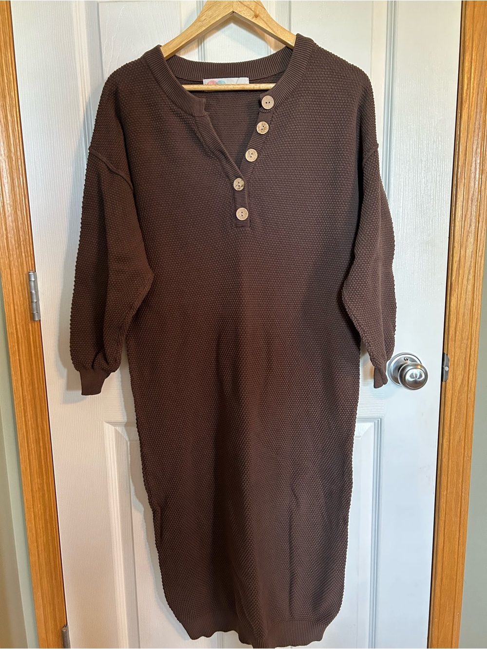 Women's Brown Long Sleeve Knit Button-Front Dress